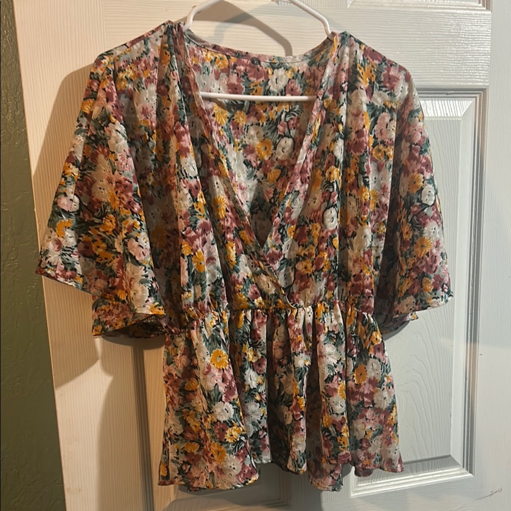 Orange and Blue Flutter Sleeve Wrap Blouse